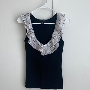 White House Black Market Black Sweater Vedt with White Polka Dot Ruffle